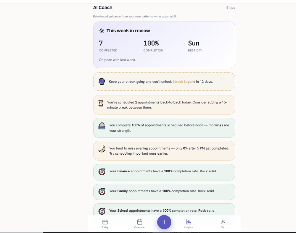 OlaTime's AI Coach panel showing a weekly review and rule-based coaching tips based on real appointment patterns