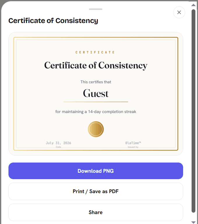 A Certificate of Consistency from OlaTime, certifying a 14-day completion streak, dated and issued by OlaTime
