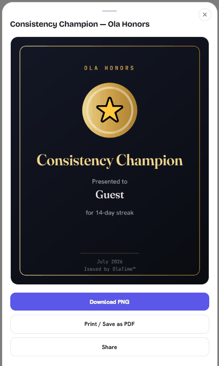 A Consistency Champion Ola Honors certificate, presented for a 14-day streak, issued by OlaTime
