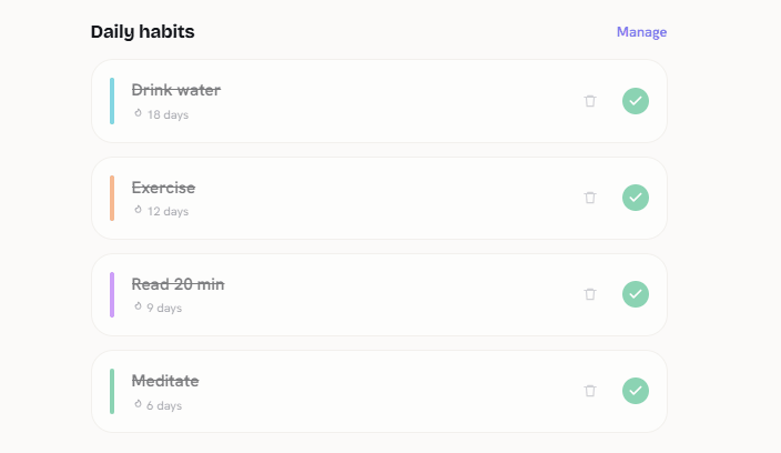 OlaTime's daily habits list showing four habits with active streaks: Drink water (18 days), Exercise (12 days), Read 20 min (9 days), Meditate (6 days)