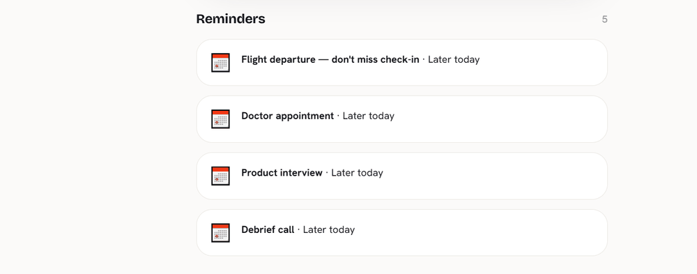 OlaTime's Reminders banner showing 5 upcoming items due later today, including a flight departure, a doctor appointment, a product interview, and a debrief call