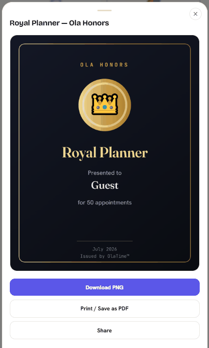 A Royal Planner Ola Honors certificate, presented for 50 completed appointments, issued by OlaTime