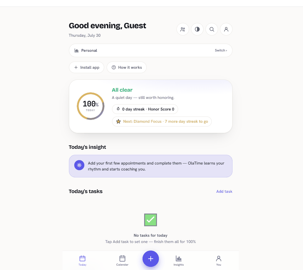 OlaTime's Today dashboard showing a 100% completion ring, Honor Score, streak, an AI Coach insight, and today's tasks
