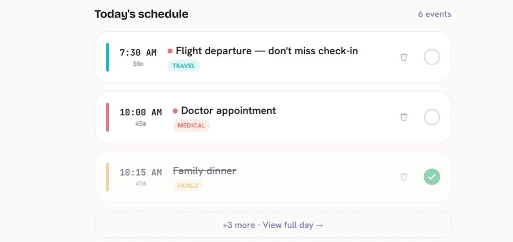 OlaTime's Today's schedule showing three appointments with times, durations, and category tags — a Travel appointment, a Medical appointment, and a completed Family appointment — with 3 more events available via View full day